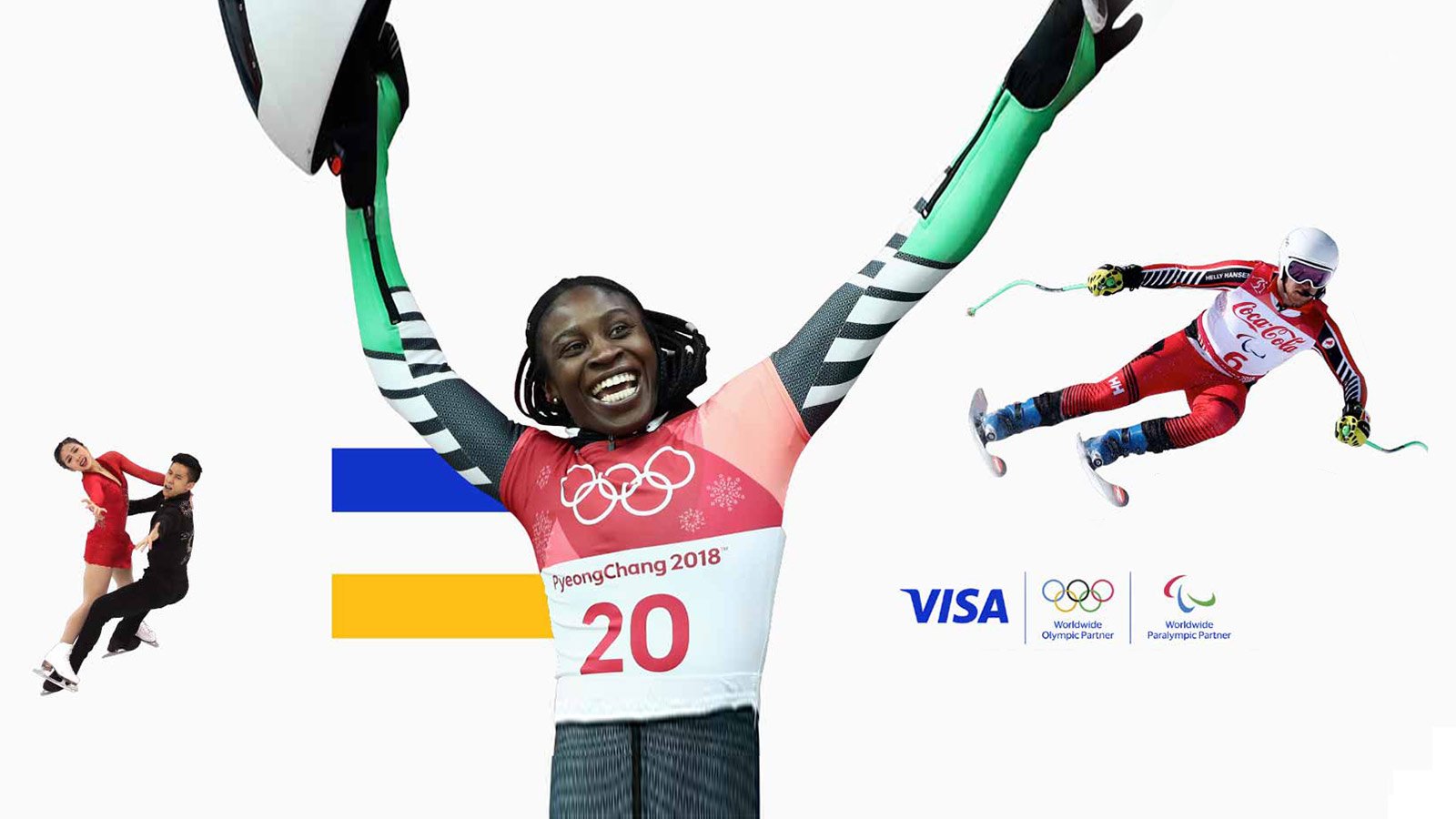 Team Visa Winter Olympians next to Visa, Olympics, and Paralympic logos.